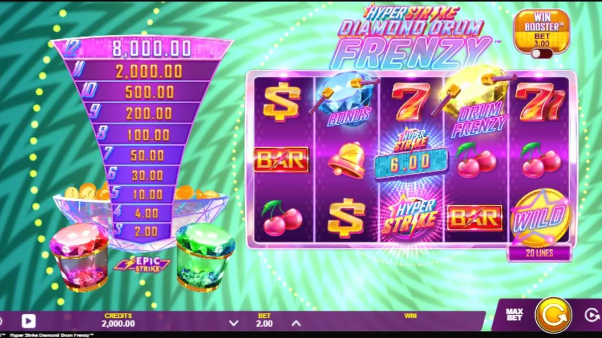 Tampilan visual slot Hyper Strike Diamond Drum Frenzy dengan elemen neon dan drum emas