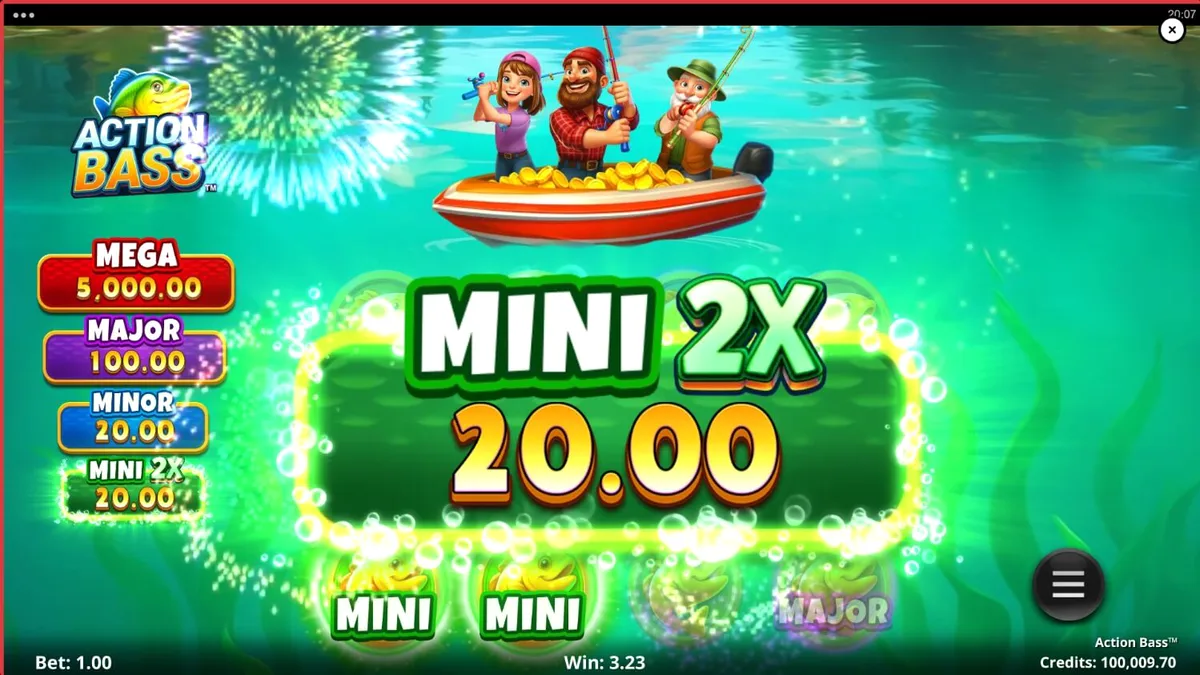 Tampilan visual slot Action Bass dengan latar belakang danau yang tenang dan peralatan memancing.