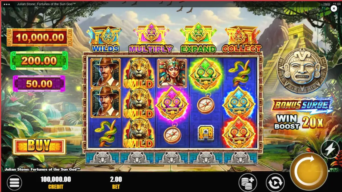 Julian Stone: Fortunes of the Sun God slot game interface featuring the explorer and Aztec temple background.