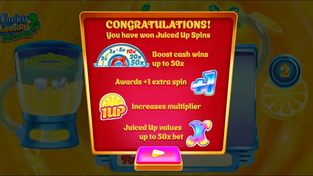 Tampilan visual slot Lucky Lemons 2 Juiced Up dengan simbol buah cerah dan latar belakang jus lemon.